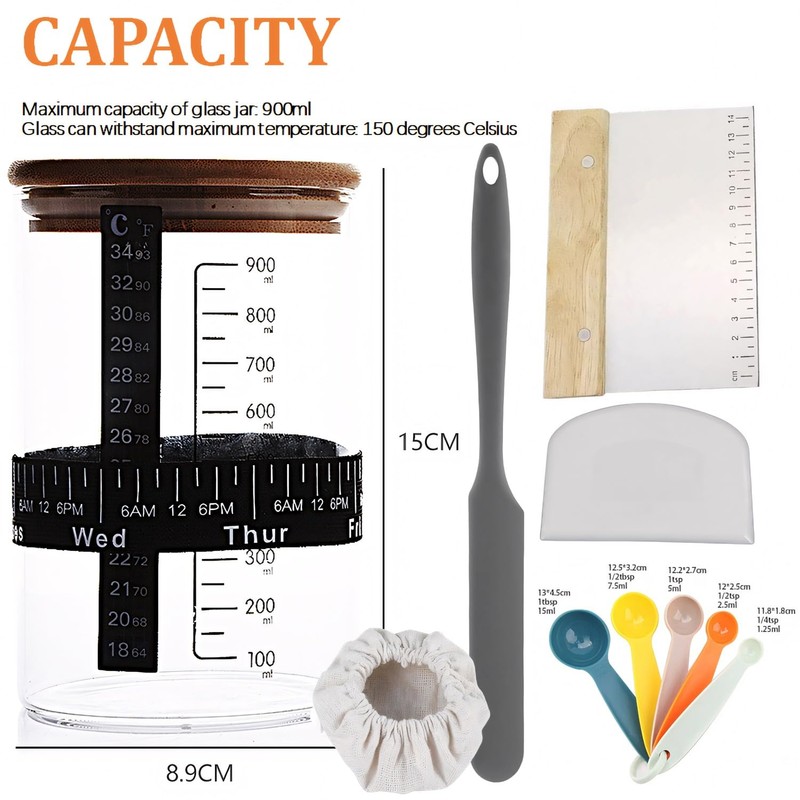 Premium Sourdough Starter Kit,34 oz with Bamboo Lid,Cloth Cover,Date Tracker,Thermometer