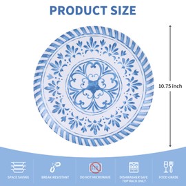 Yinshine Melamine Plates Set,10.75 Inch Dinner Plates Set, 6pcs Blue Dishes Set with Embossed Design, Unbreakable,Indoor and Outdoor use,Blue&White