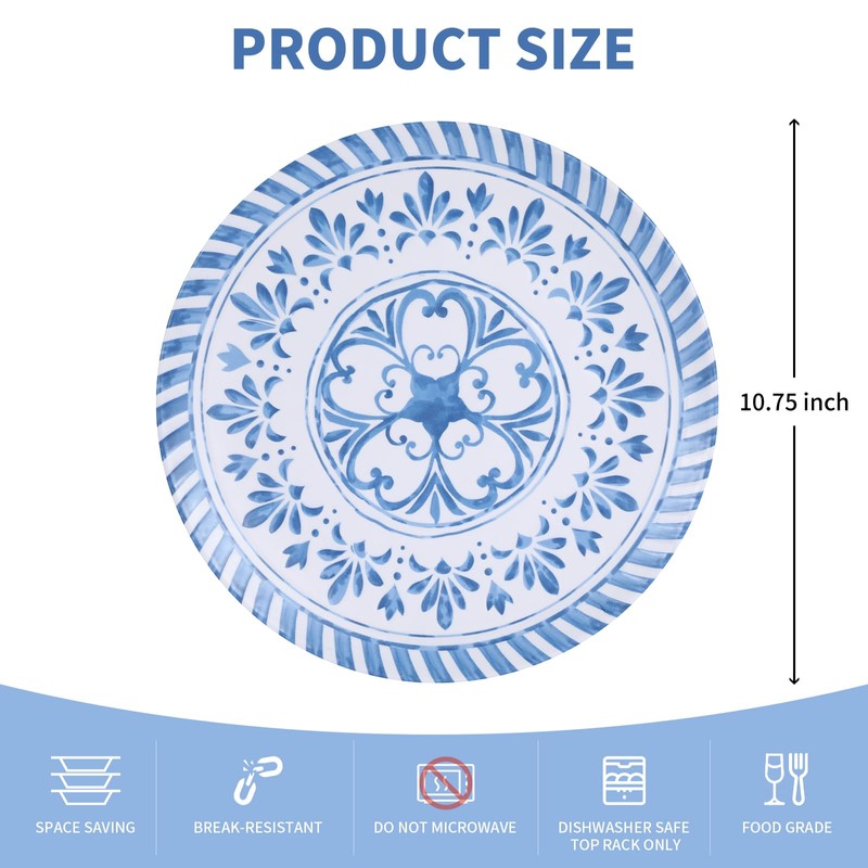 Yinshine Melamine Plates Set,10.75 Inch Dinner Plates Set, 6pcs Blue
