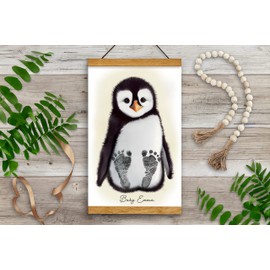 Memory Lane Gifts Co. Baby Footprint Art, Baby Shower Gift, Original Artwork, Nursery Art Keepsake, Baby Penguin (Yellow, Teak)
