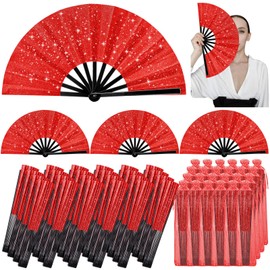 Vercraft 24 Pcs Glitter Large Rave Fans Bulk, Folding Handheld Organza Bag, Chinese Tai Chi Kung Fu Fan Gifts for Outfits Edm Wedding Performance Dancing Party(Red)