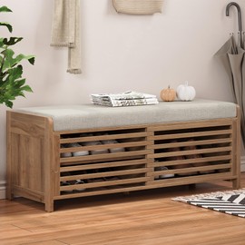 Merax Multipurpose Entryway Storage Bench with Shutter Doors, 43.3" Wooden Shoe Organizer with Upholstered Seat for Entryway, Hallway and Living Room