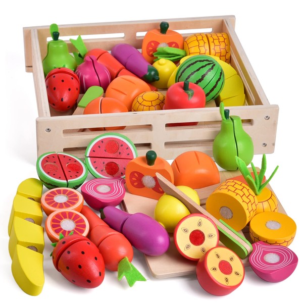 FUN LITTLE TOYS 35PCS Wooden Play Food for Kids Kitchen, Pretend Cutting Food Toys with Wooden Tray, Dishes and Knife for Kids, Pretend Play Food