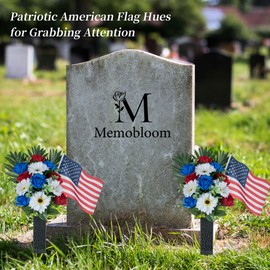 Memobloom Memorial Day Flowers for Cemetery: 2 Pcs Outdoor Grave Decorations - Artificial Patriotic Cemetery Flowers for Grave - Red White Blue Roses with American Flags Vase for Veterans