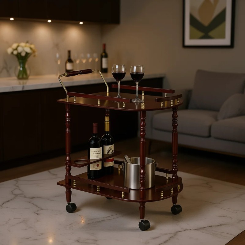 Merlot And Brass 2 Shelf Beverage Serving Cart Wood Classic