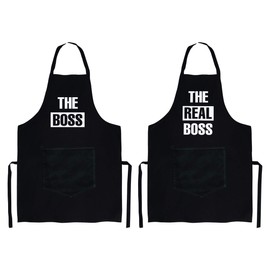 Salt Lake Aprons For Couple | 2-Piece Kitchen Apron Set | Engagement / Bridal Shower Gift For Bride Groom | Valentines Day Gift For Him Her | The Boss And The Real Boss With Pockets - Black