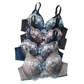Nissen C85-G100 Set of 4 Women's Bras, Full Cup, Floral Pattern, Embroidered, Lined, Set of 4 Dark Colors
