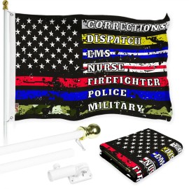 UD_G128 Combo Pack: 6 Ft Tangle Free Aluminum Spinning Flagpole (White) & Thin Line First Responders American Flag 3x5 Ft, LiteW