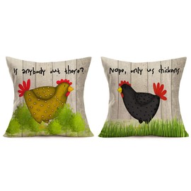 Easternproject Farmhouse Animals Rooster Chickens Throw Pillow Covers Vintage Wood with Funny Quotes Hen Lawn Cases 18x18 Inch Set of 2 Cotton Linen Cushion Cover for Outdoor Couch Two