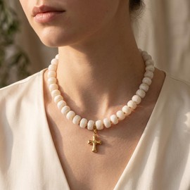 Frigotine Chunky Cross Necklace for Women, White Beaded Boho Summer Statement Fashion Jewelry, Unique Resin Design, Versatile Accessory Gift, Lightweight Comfortable Wear