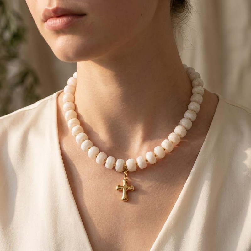 Frigotine Chunky Cross Necklace for Women, White Beaded Boho Summer