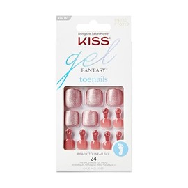 Uñas Postizas para Pies Rosas con Glitter Pedicure Set Listas Para Usar, KISS Gel Fantasy Collection 'Miss Fancy', con mini Lima, Pegamento & 28 uñas-