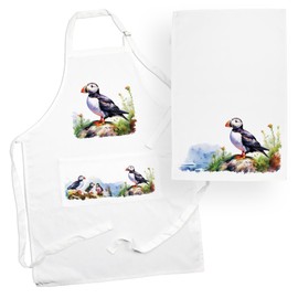 Purely Home Puffins Apron & Tea Towel Kitchen Set - Coastal Seabirds Puffin Gifts - Cooking and Baking Present Linen Sets