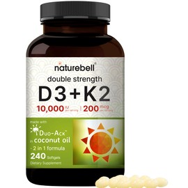 NatureBell Vitamin D3 10,000 IU + K2 200 mcg, 240 Softgels | Daily High Potency Formula with Coconut Oil | Bone, Heart & Immune Support | MK-7 Form | Non-GMO