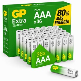 GP Pilas AAA, Paquete de 36 Baterias AAA, 1.5V Alcalinas LR03 - hasta 80% Más Potencia con G-Tech, 10 Años de Vida Útil, Pilas Triple AAA de Alto Rendimiento para Juguetes, Controles y Videojuegos