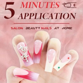 French Press-on Nails, Glossy False Nails Long, Square False Nails Reusable, 24PCS Coffin Fake Nails with Rhinestones (D)