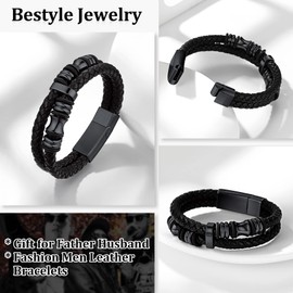 Bestyle Men's Leather Bracelet with Magnetic Clasp Leather Bracelet Braided Bracelet Accessory Length 19 cm | 21 cm, Leather, No Gemstone