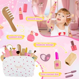 Joellfuner Wooden Children's Make-Up Set, Wooden Make-Up Play Set, Girls, Vanity Case, Children's Wooden with Hair Clips and Tattoo Stickers, Make-Up Role Play, Christmas Birthday Gift for Ages 3+
