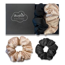Bsofter Satin Hair Scrunchies for Women - Jumbo Scrunchies for Hair Sleep,Large Hair Ties Oversized Giant Satin Hair Ties for Thick Hair Large Scrunchy Hair Bands 2 Pcs Black&Champagne