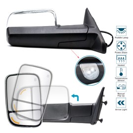 Adanz Towing Mirrors fit for 2009-2018 Dodge Ram 1500 2500 3500 Pickup Truck Power Heated Temperature Sensor Arrow Signal on Glass Puddle Lamp Foldaway Chrome Cap