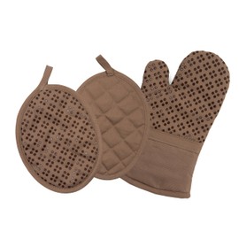 Oven Mitt and Pot Holders Silicone Set of 3, Non-Slip Kitchen Hot Pads and Oven Mitts Set, Oeko-Tex 100% Cotton Shell, Brown