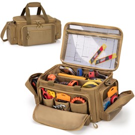 Tactical Tool Bag with Anti-friction Bottom, Hand Tool Tote Storage Organizer for Men, Small Range Bag for Electricians, Carpenters, Mechanics and Repairman, Khaki