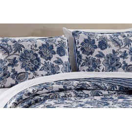 Better Home Style 3 Piece Blue White Taupe Floral Luxury Lush Soft Flowers Reversible Quilt Coverlet Bedspread Oversized Bed Cover Set # 12096 (King/Cal-King)