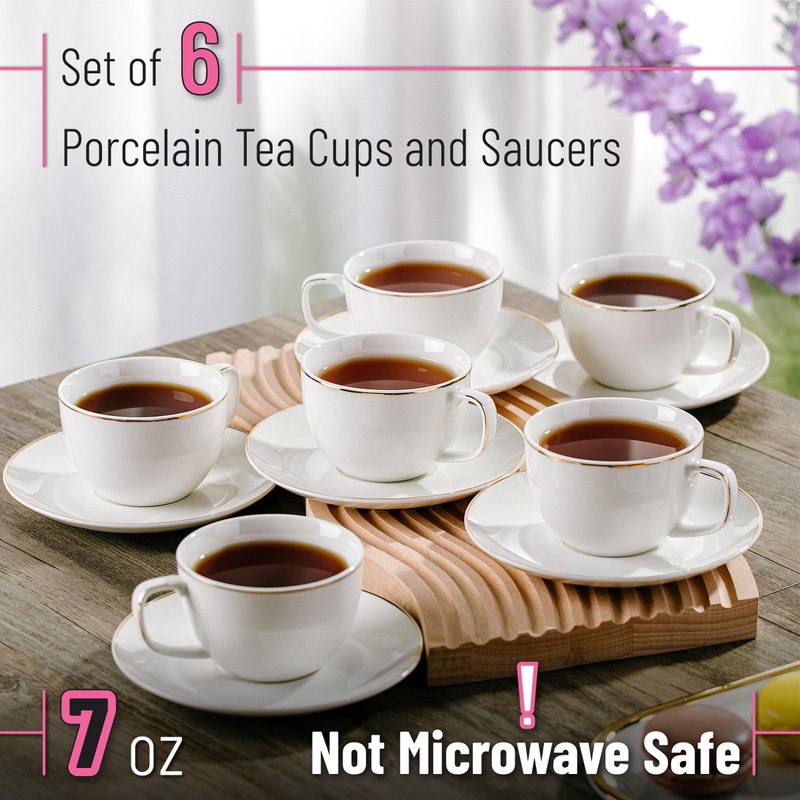 BTaT- Tea Cups and Saucers with Gold Trim, Set of