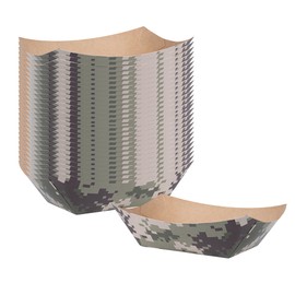 Restaurantware Bio Tek 6 Ounce Boat Paper Boats, 50 Disposable #40 Food Trays - PE Lining, Durable, Camouflage Print Paper Food Baskets, For Concession Stands, Picnics, or Fairs, Stackable