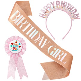 ViEinkaufen 3pcs Happy Birthday Girl Headband Set,Sequin Crown Tiara Sash Badge for Birthday Girl Party Supplies