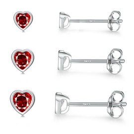 Sterling Silver Stud Earrings for Women Men Girls- Small Heart Shaped Cubic Zirconia Earrings Cartilage Red CZ Hypoallergenic Tragus Piercing Earrings for Girls