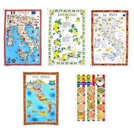 Generico Set of 5 Tea Towels Italy Limoncello Pasta Wine Pizza Made in Italy Typical Italian Products Cotton Local Crafts Gift Idea