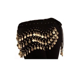 Black Belly Dance Wrap Hip Scarf Belt With Gold Coins