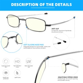 touk 2 Pack Foldable Reading Glasses Anti Blue Light, Soft Nose Pad Spring Hinge Compact Computer Readers with Portable Case for Men Women Black/Gunmetal +2.75