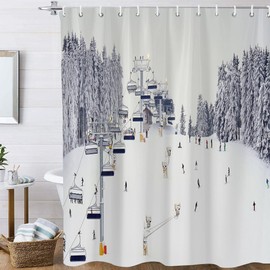 Winter Ski Shower Curtain, Snow Mountain Sports Field Outdoor Sports Modern Ski Station Cable Car Travel Ice and Trees Bathroom Decor Shower Curtain Sets, Waterproof Fabric Bath Curtain with Hooks