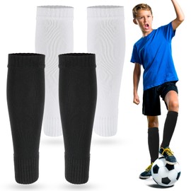 2 Pairs Kids Pre Cut Soccer Socks, Soccer Leg Sleeves Socks for Football Shin Guard Sleeves for Age 7-14 Youth Boys Children Football Basketball Training(White, Black)
