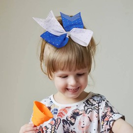 6PCS 8" Large Cheer Hair Bows Ponytail Holder, Rhinestones Cheerleader Bows with Elastic Band Hair Tie Handmade for Cheerleading Teen Girls College Sports (White/Royal Blue)