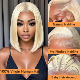 Nopxam 10 Inch 613 Blonde Bob Wig Human Hair 13x4 HD Transparent Lace Front Wigs Human Hair 180% Density Short Bob Glueless Straight Wigs Human Hair for Women