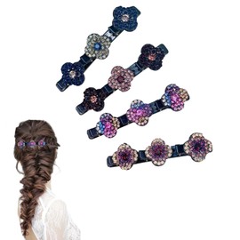 Crystal Stone Braided Hair Clips, Set of 4 Hair Clips with Sparkling Crystal Stones, Elegant Hair Clips with Crystal Flowers, Hair Clip with Crystal Flower, with 3 Mini Clips