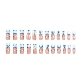 Cute Summer Press on Nails Medium Length Square Fake Nails Blue White Check French Tip Acrylic Nails 3D Bow False Nails Strawberry Stars Stick on Nails Reusable Nails for Women Girls 24Pcs