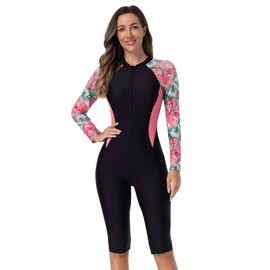 Rash Guard Swimsuits for Women 2025 One Piece Swimsuit Womens Swimwear Zipper Front Boyleg Shorts Long Sleeve Bathing Suit Surfing Swimming Water Aerobics Traje De Baño para Mujer Black Pink S