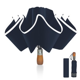 Pioggistar Windproof Umbrella for Men and Women, Inverted Umbrellas 10 Ribs, Wooden Handle Umbrella, Automatic Open and Close, Compact, Diameter 105 cm, darkblue