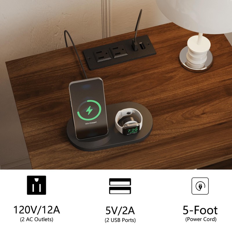 JOONEE Rattan Nightstand with Charging Station,Farmhouse Bedside Table with 2