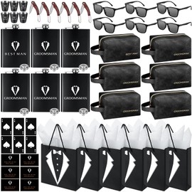 60Pcs Groomsmen Gifts Set of 6, Groomsmen Proposal Box with Flasks Sunglasses PU Leather Toiletry Bag Bottle Opener for Wedding Groomsman Best Man Gift (Black)