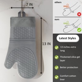 Heat-Resistant Silicone Mitts – 13” x 7” Non-Slip Cotton Baking & Cooking Gloves, Soft & Flexible Grip,Heavy-Duty Kitchen (Grey-Full Silicone, 13'' Oven Mitts + 5.5'' Mini Oven Mitts)