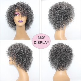 Velicoo Grey Short Curly Bob Hair Glueless Wigs Pixie Cut Human Hair Wigs for Women Wear and Go Non Lace Machine Made Wigs Human Hair Salt and Pepper Color for Older Women