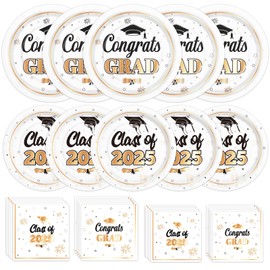 Cheery Land Gold Graduation Plates and Napkins 2025 Graduation Party Supplies, Disposable Grad Paper Plates for White & Gold 2025 Graduation Party Decorations, Serve 50