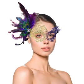 W.Sealet Lace Masquerade Mask for Women, Venetian Mask with Rhinestone, Detachable Peacock Feather, Adjustable Elastic Band - Purple