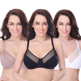 Curve Muse Women's Plus Size Unlined Minimiser Underwired Full Figure Bra, Black, white, pink beige (3-pack)