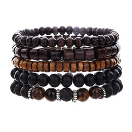 ALRNBY Mens Beaded Bracelet Wooden Bead Bracelet Set Stackable Elastic Cross Bracelet Black Brown Bead Adjustable Size